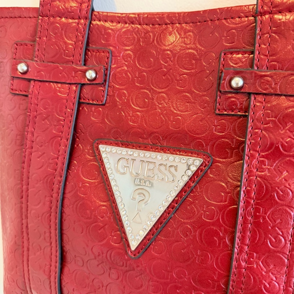 GUESS Y2K Burgundy Monogram Hand Bag Signature Silver Triangle Rhinestone Logo - Picture 5 of 15